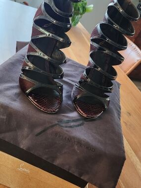 Brian Atwood Burgundy and Black Strappy High-Heel Sandals